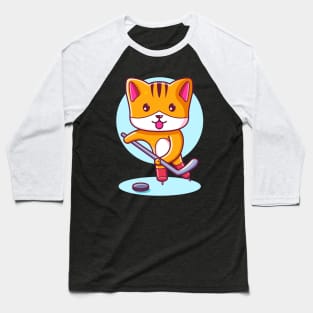 Cute Kawaii Cat Playing Ice Hockey Baseball T-Shirt